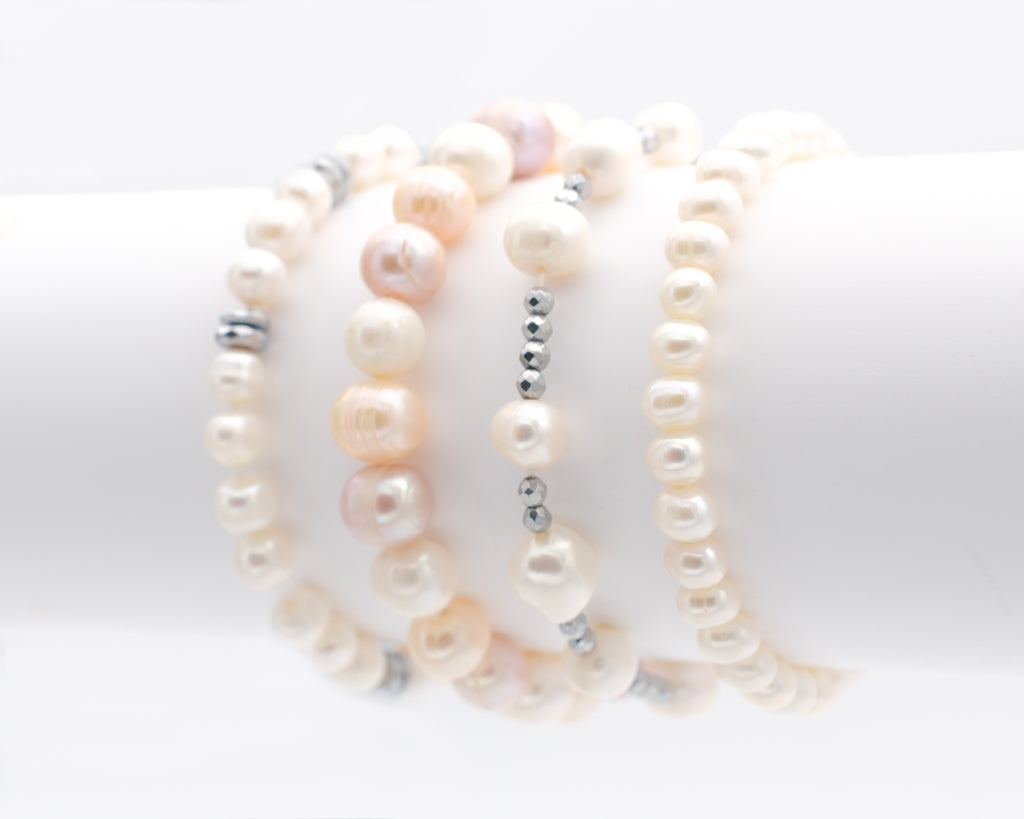 Perle naturelle de biwa et hématite rhodiée